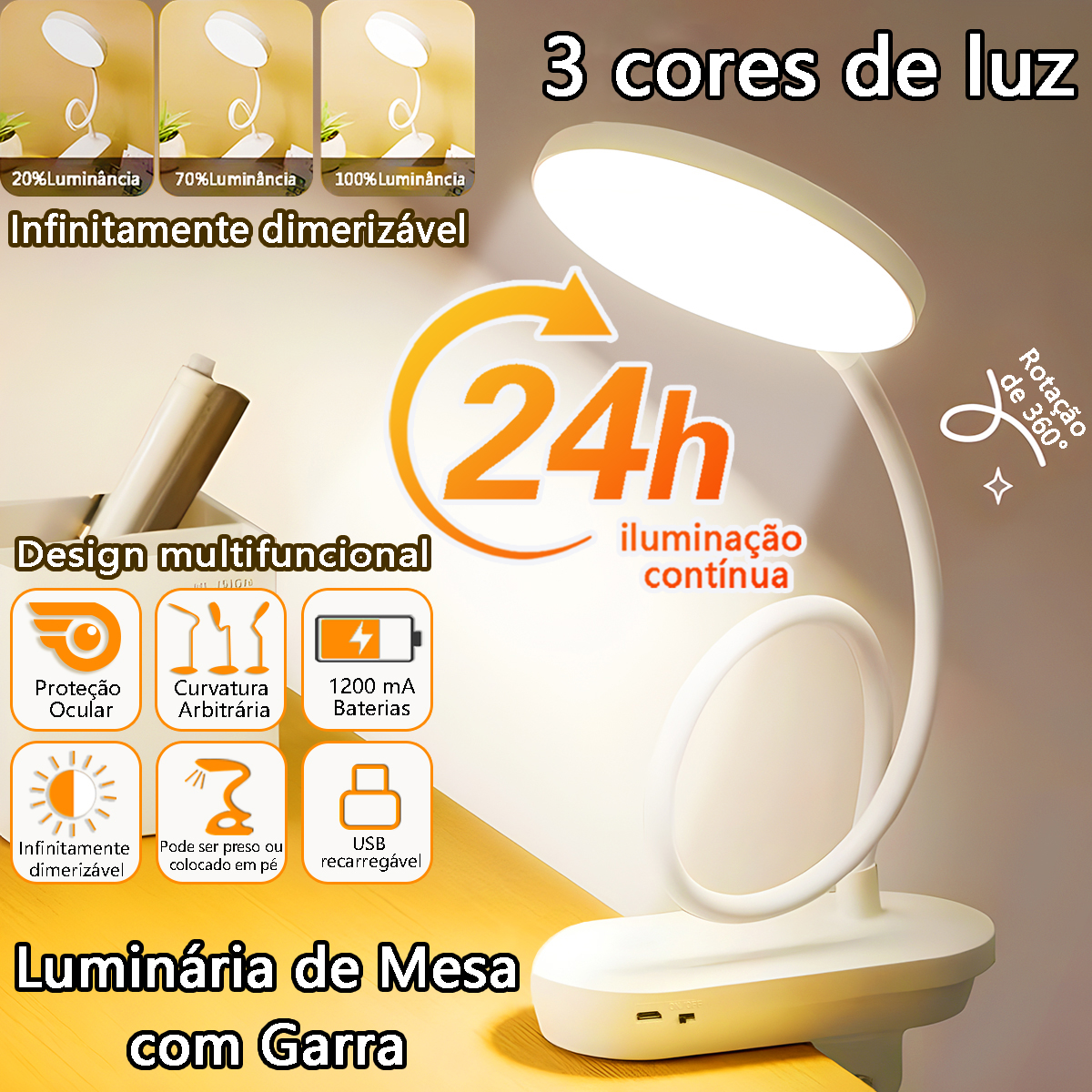 Luminária de Mesa com Garra e LED de 3 Cores Braço Flexível 360° 24h Recarregável Portátil p Quarto