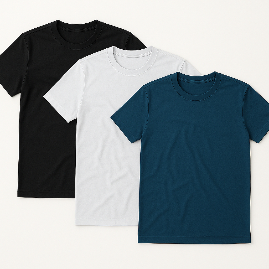Trio Camisetas Lisas Básicas 100% Algodão Moda Masculina Confortável Preto Branco Azul
