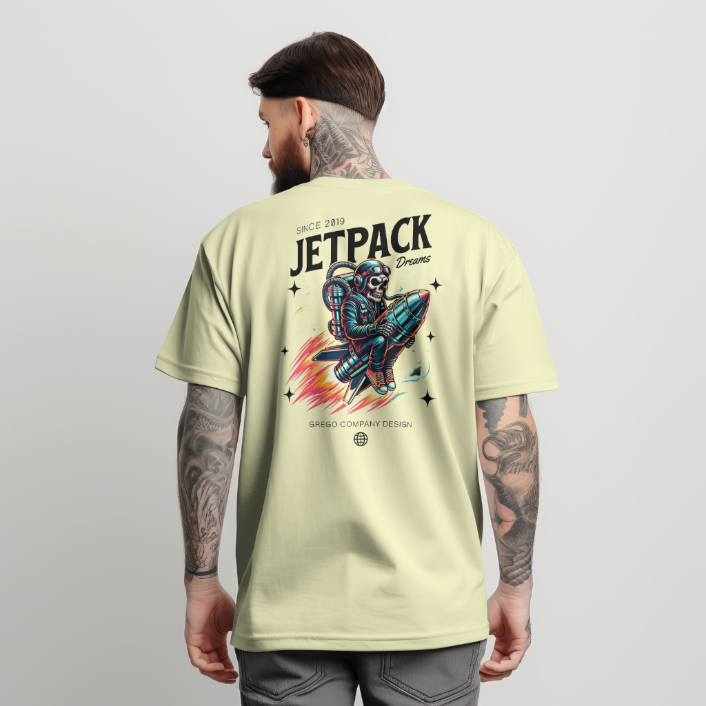 Camiseta Jetpack Desenho Grande Estampa Foguete Street Moda Masculina Malha Resistente Confortável