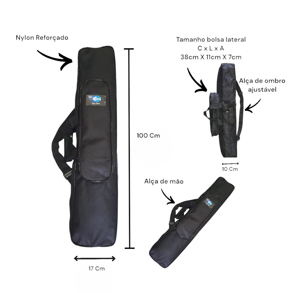 Bolsa Lateral Capa Porta Vara De Pesca Top Fish Cor Preta 100 Cm