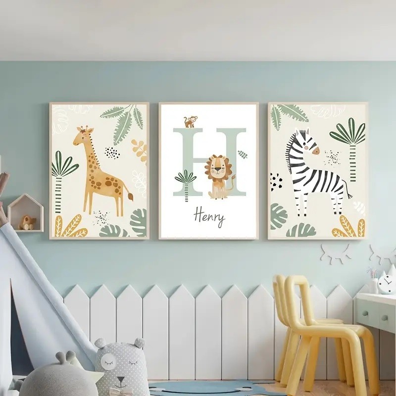 Quadro Decorativo 3 peças Safari delicado Animais personalizado com nome decoração quarto infantil menino em Oferta na Shopee