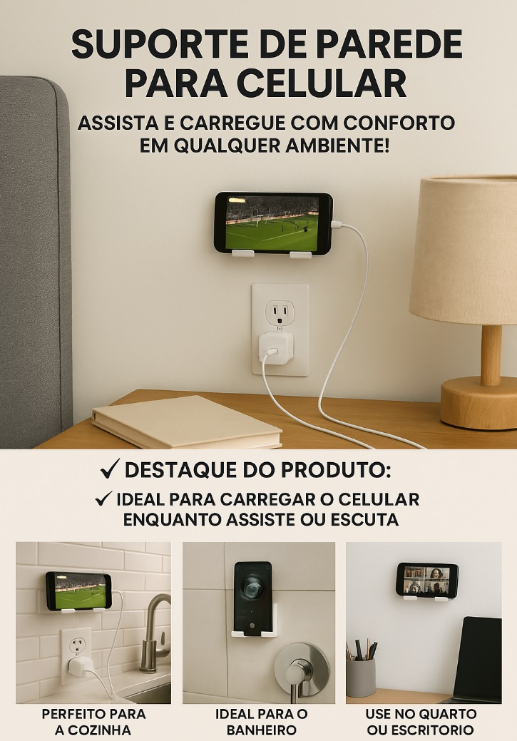 Suporte de Parede para Celular – Assista e Carregue com Conforto em Qualquer Ambiente! em Oferta na Shopee