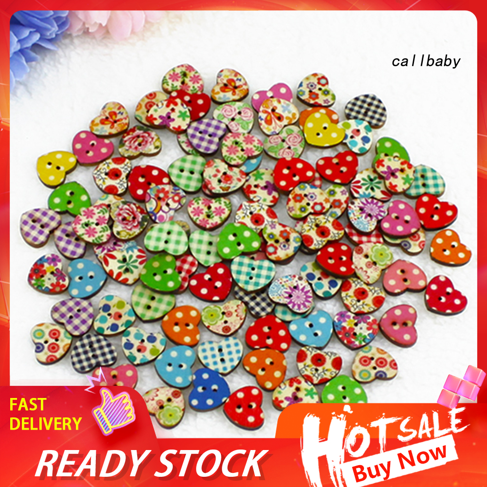 Verde ❤ 100Pcs Multicolor Coração Em Forma De 2 Furos Botões De Costura De Madeira