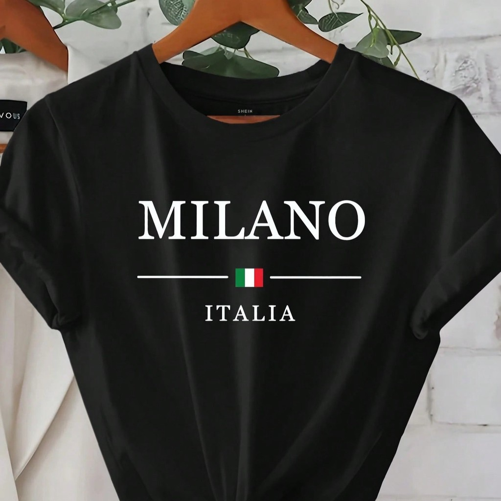Camiseta Casual Milano Itália Estampado de Letra para Mulheres no Verão 100% Algodão