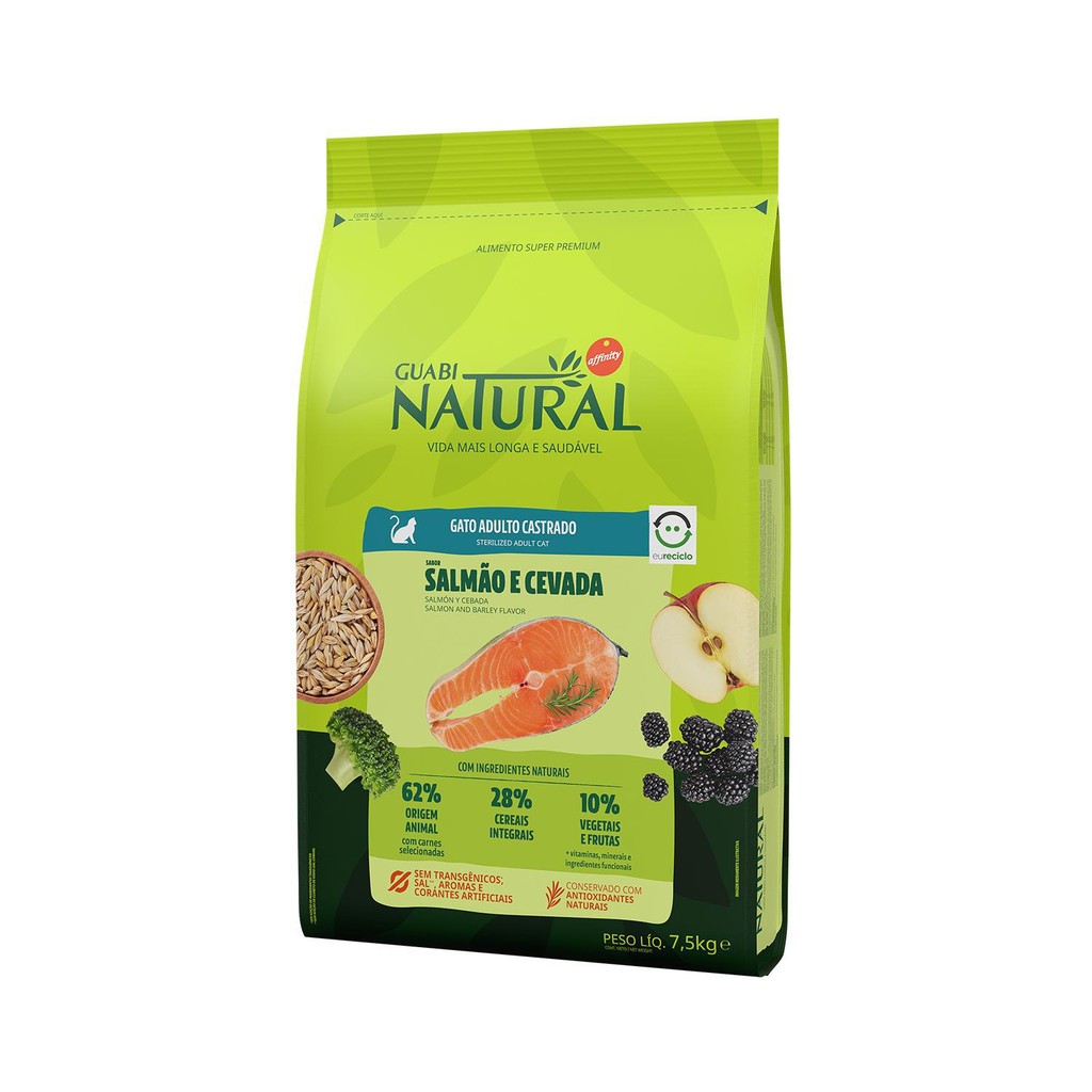 Ração 7,5kg Guabi Natural para Gatos Adultos Castrados sabor Salmão e Cevada em Oferta na Shopee