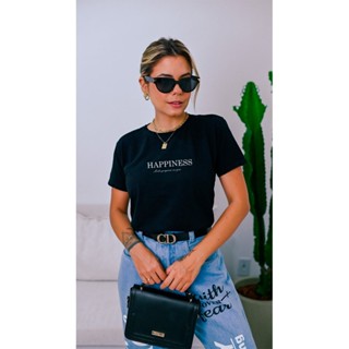 Camiseta Feminina Preta Happiness em Oferta na Shopee