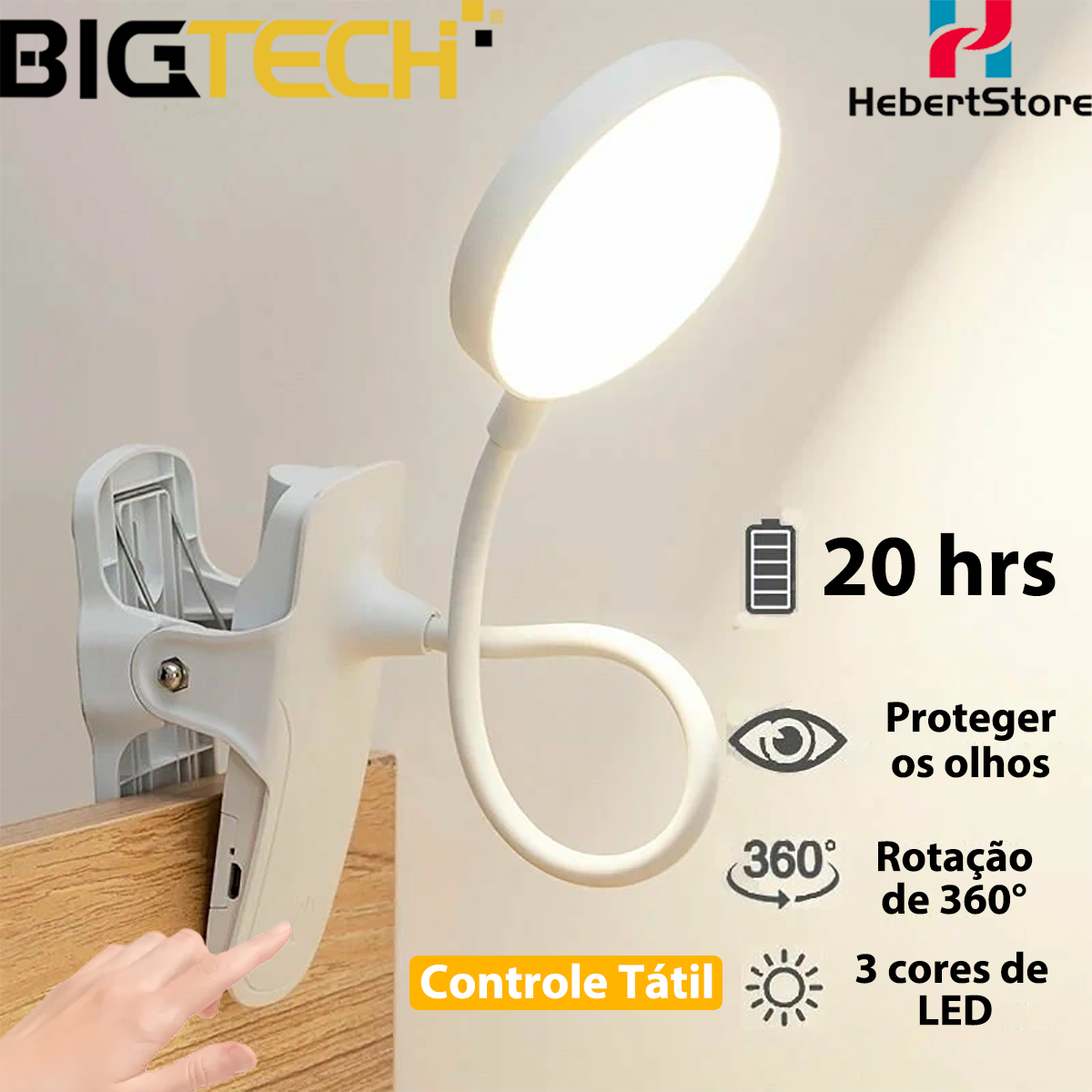 Luminária de Mesa Touch C/S Garra 20h 360° Ajustável 3 Cores de Luz Recarregável para Leitura TD129 em Oferta na Shopee