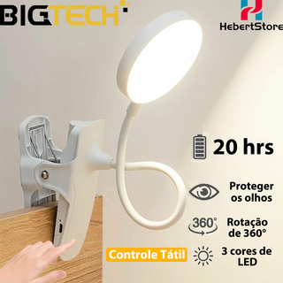 Luminária LED recarregável com garra e 3 tons de luz