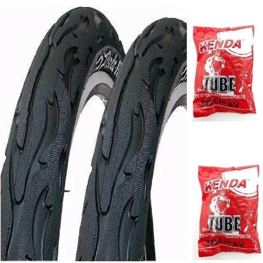 Kit Par Pneu 26x2.125 Balão Kenda Flame Fogo Preto Bicicleta Bike Mobilete + 2 Câmaras de Ar Kenda