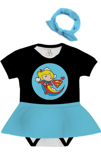 Body Saia Laço Menina Heroína Super Girl Moça Personalizado