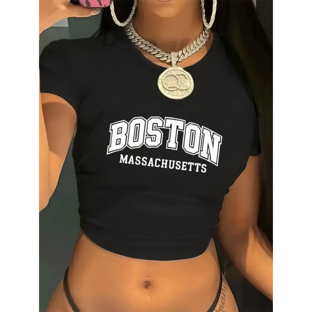 Camiseta Babylook Babytee Slim Fit Manga Curta Elastano Estilosa lançamento estampada BOSTON 2