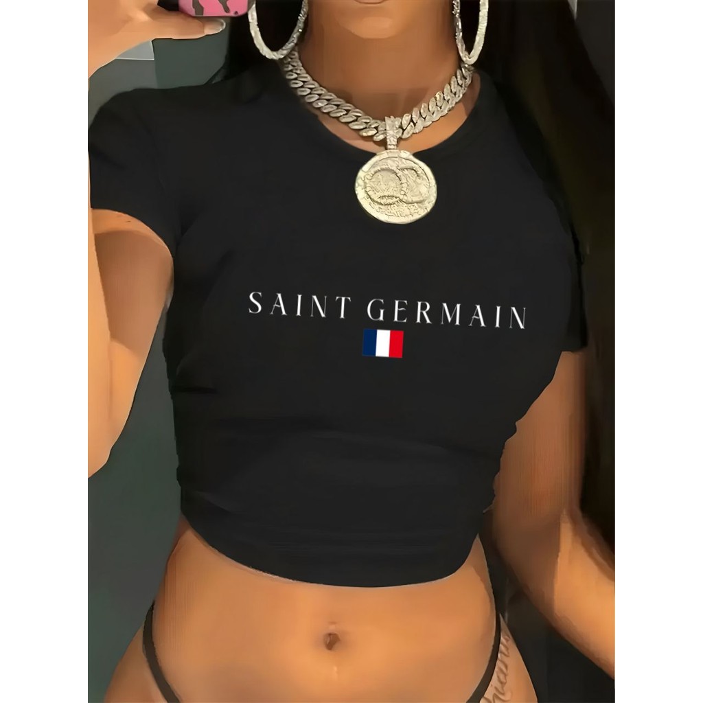Blusa Babylook Baby tee Slim Fit Manga Curta Suplex Compressão Estilosa estampada SAINT GERMAIN