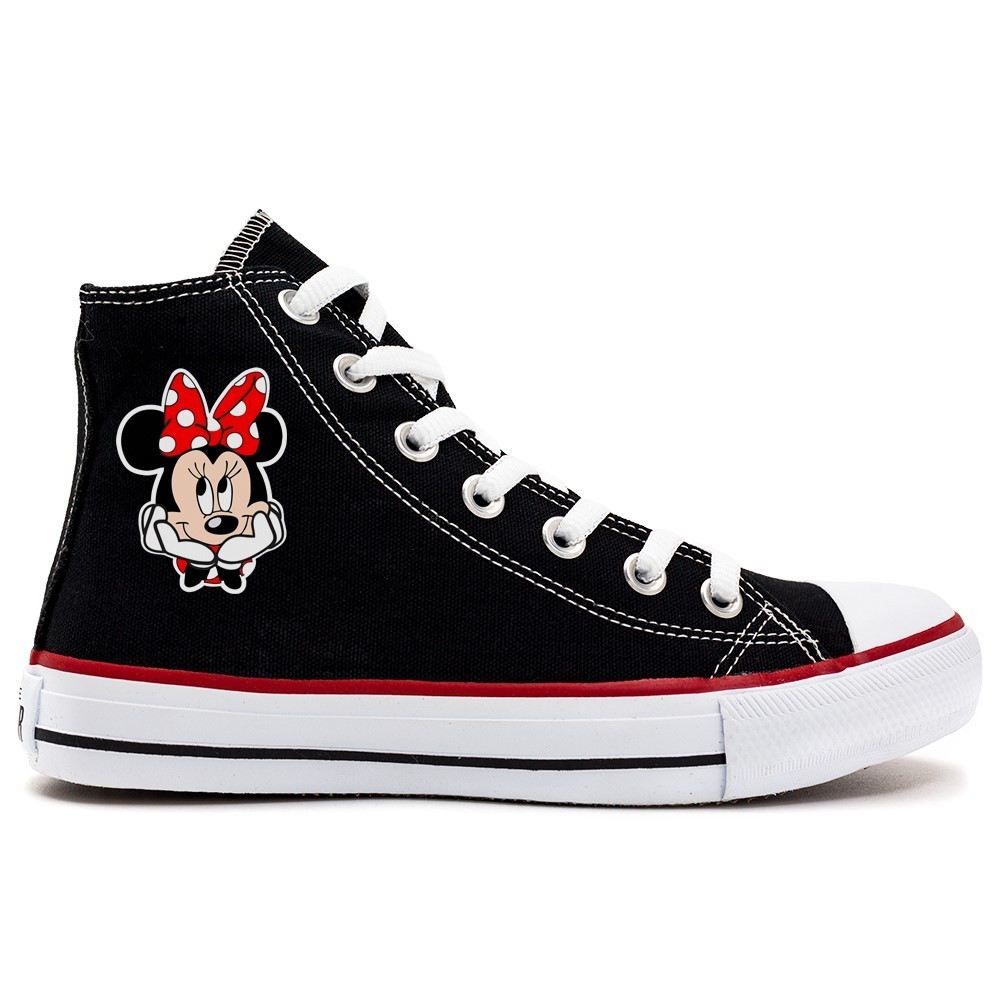 Tênis Sapato Cano Alto Tecido Feminino Minnie Desenho Infantil Adulto