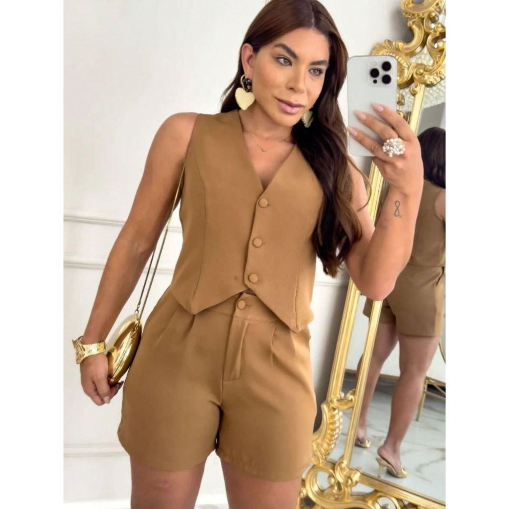 Conjunto Feminino short e colete ALFAITARIA luxo em Oferta na Shopee
