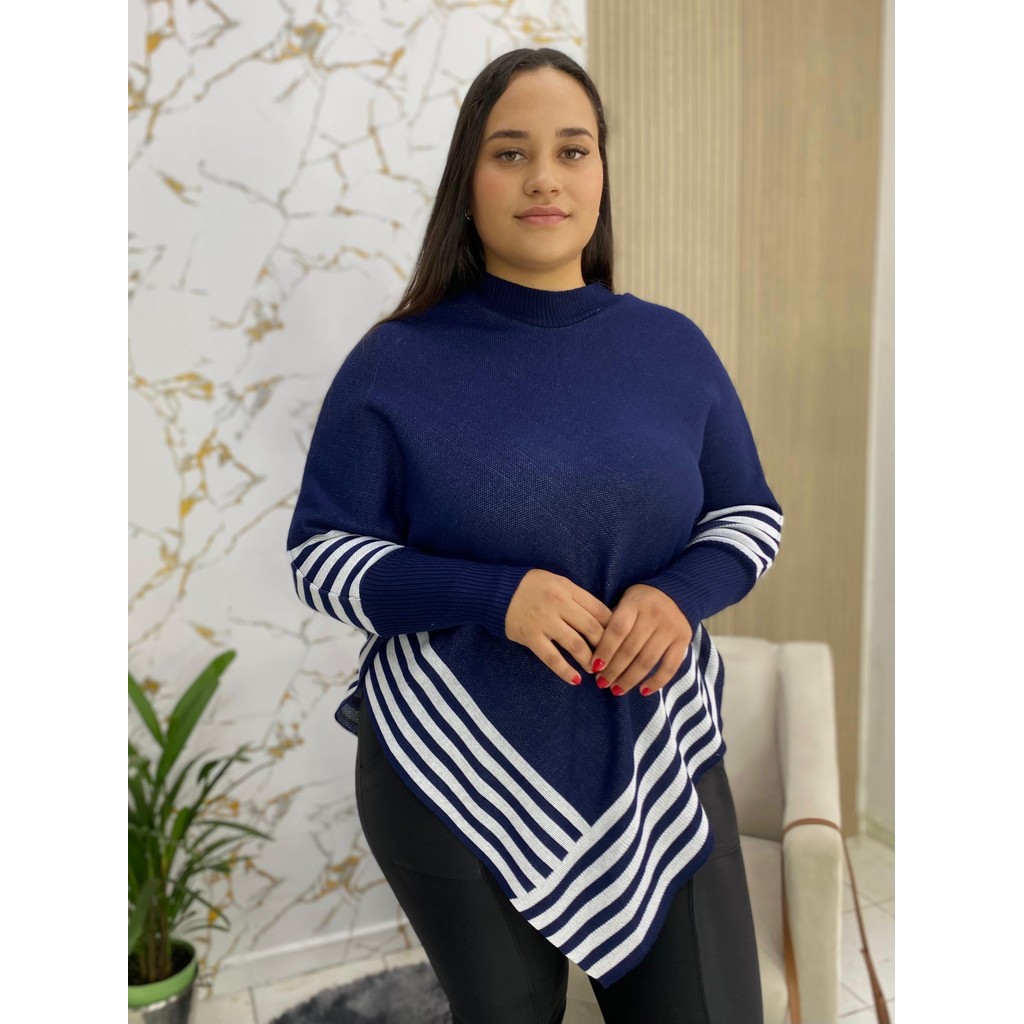 Poncho Feminino Tricot listrado Inverno 2025 xale Listrado Capa Elegante Moda Lançamento Blogueira. em Oferta na Shopee