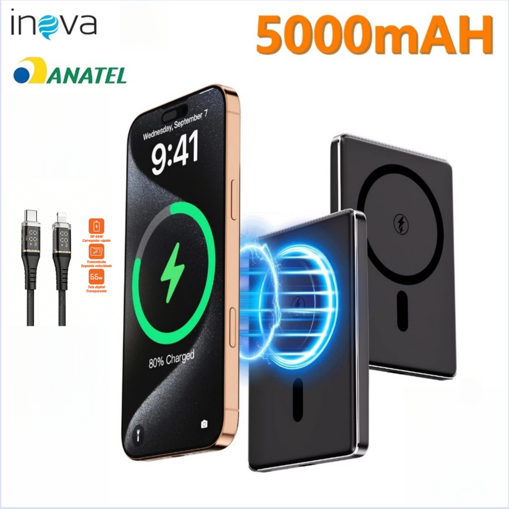 INOVA Carregador Portátil Indução para iPhone/Android Magsafe Apple Sem fio Bateria Carga 5000mAh em Oferta na Shopee
