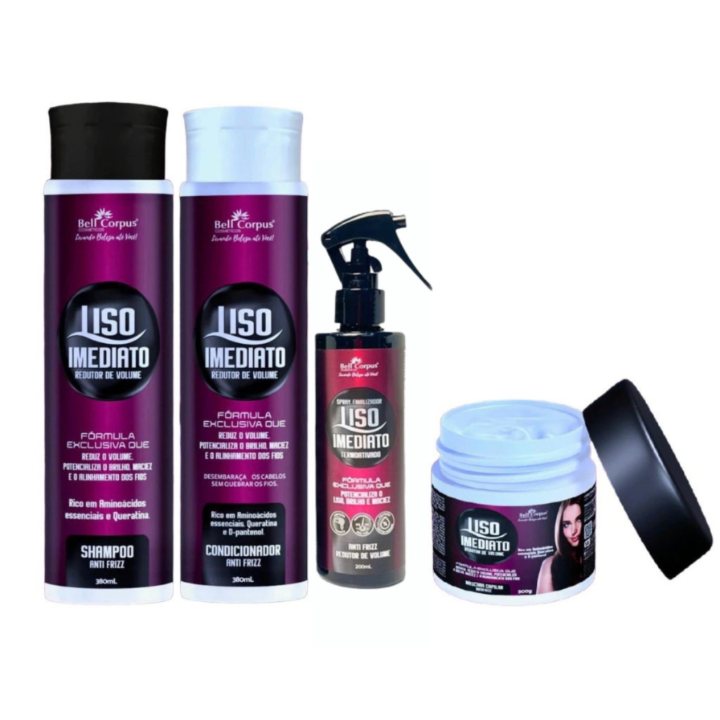 Kit Cabelo Liso Imediato Tratamento Capilar Shampoo e Condicionador + Mascara + AntiFrizz BellCorpus