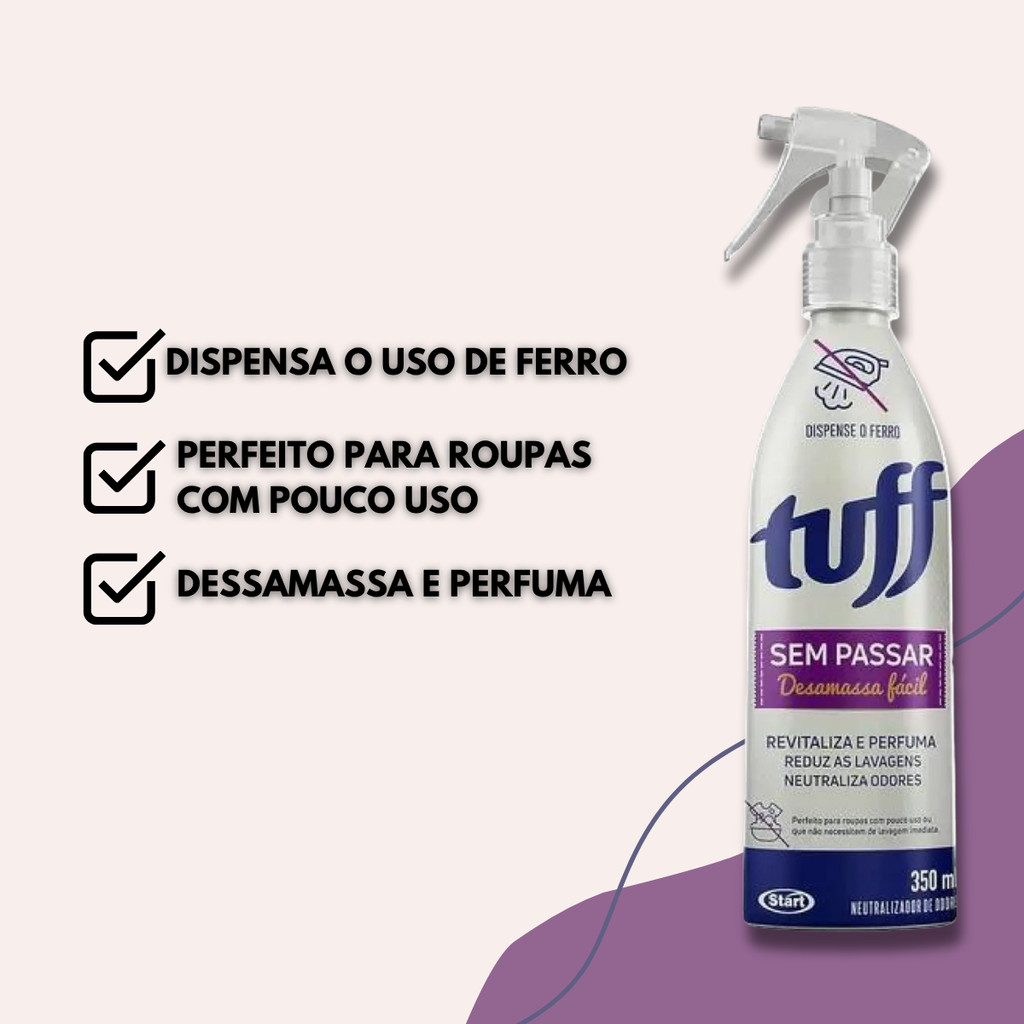 Kit Tuff Spray Sem Passar  Desamassa Fácil Sem Ferro Neutraliza Odor das Roupas e Perfuma 350ML 60ML
