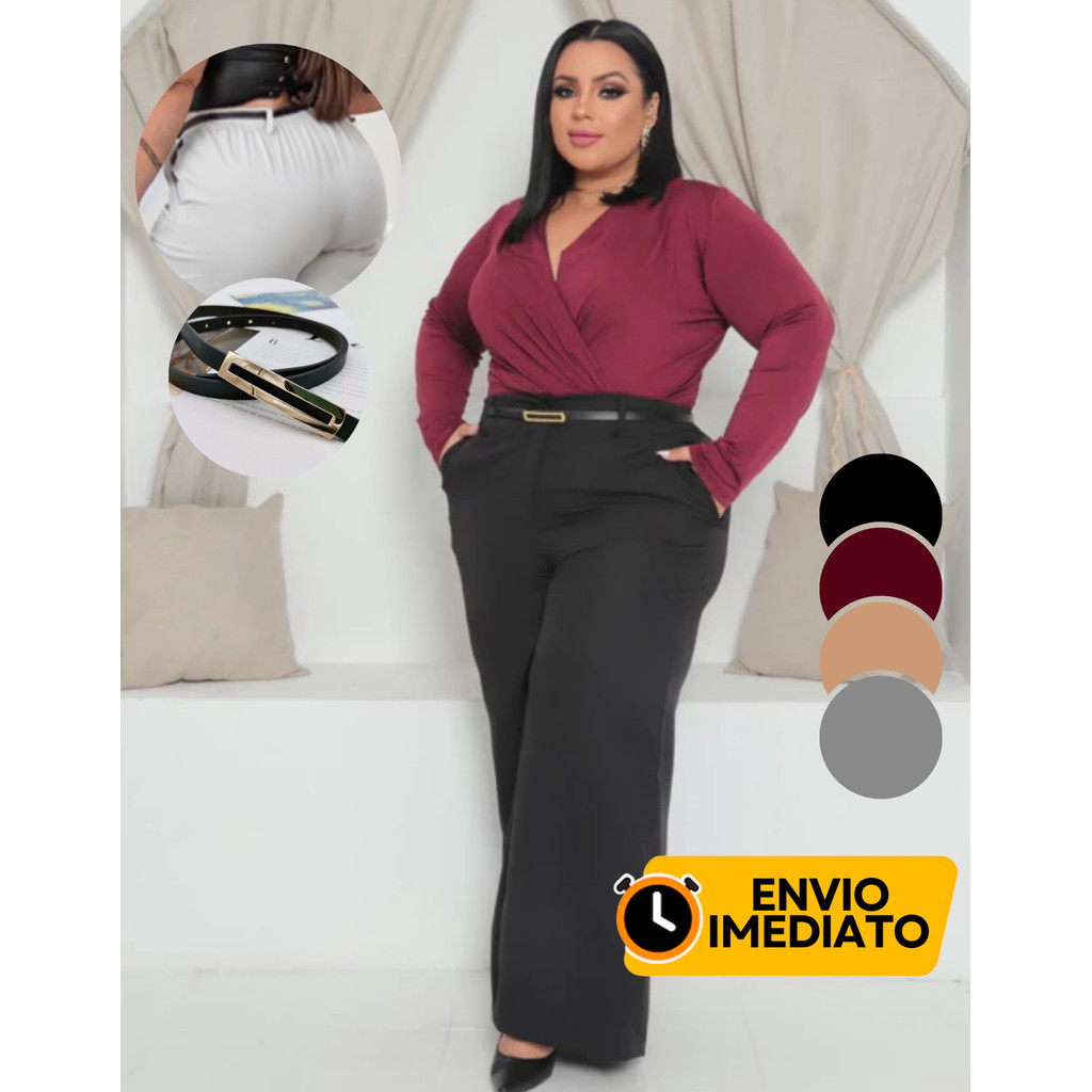 Calça Pantalona Plus Size Com Cinto Feminina Wide Leg Elástico Com Bolso Cintura Alta Elegante em Oferta na Shopee