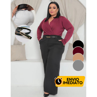 Calça Pantalona Plus Size Com Cinto Feminina Wide Leg Elástico Com Bolso Cintura Alta Elegante em Oferta na Shopee