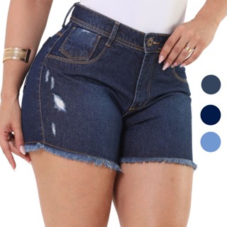 Bermuda Jeans Feminina Cintura Alta Barra Desfiada Tecido Premium Casual em Oferta na Shopee