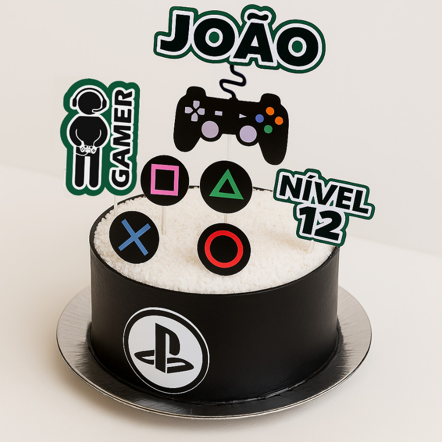 Topo de bolo Playstation Personalizado com nome e idade Gamer Decoração Para Festa de Aniversário Vídeo Game Presente