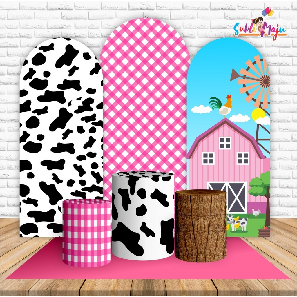 Kit 3 Laterais Oval Sublimadas + Trio Padrão Mercado Livre + Tapete Sublimado TEMA FAZENDINHA ROSA