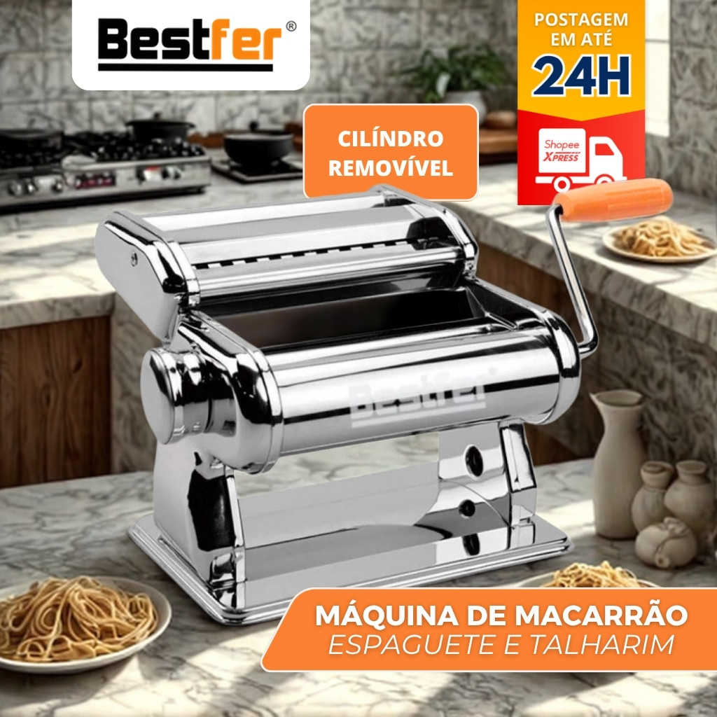 Máquina de Macarrão Massa Profissional Cilindro Removível Inox com Manivela 3 Tipos Bestfer BFH1570