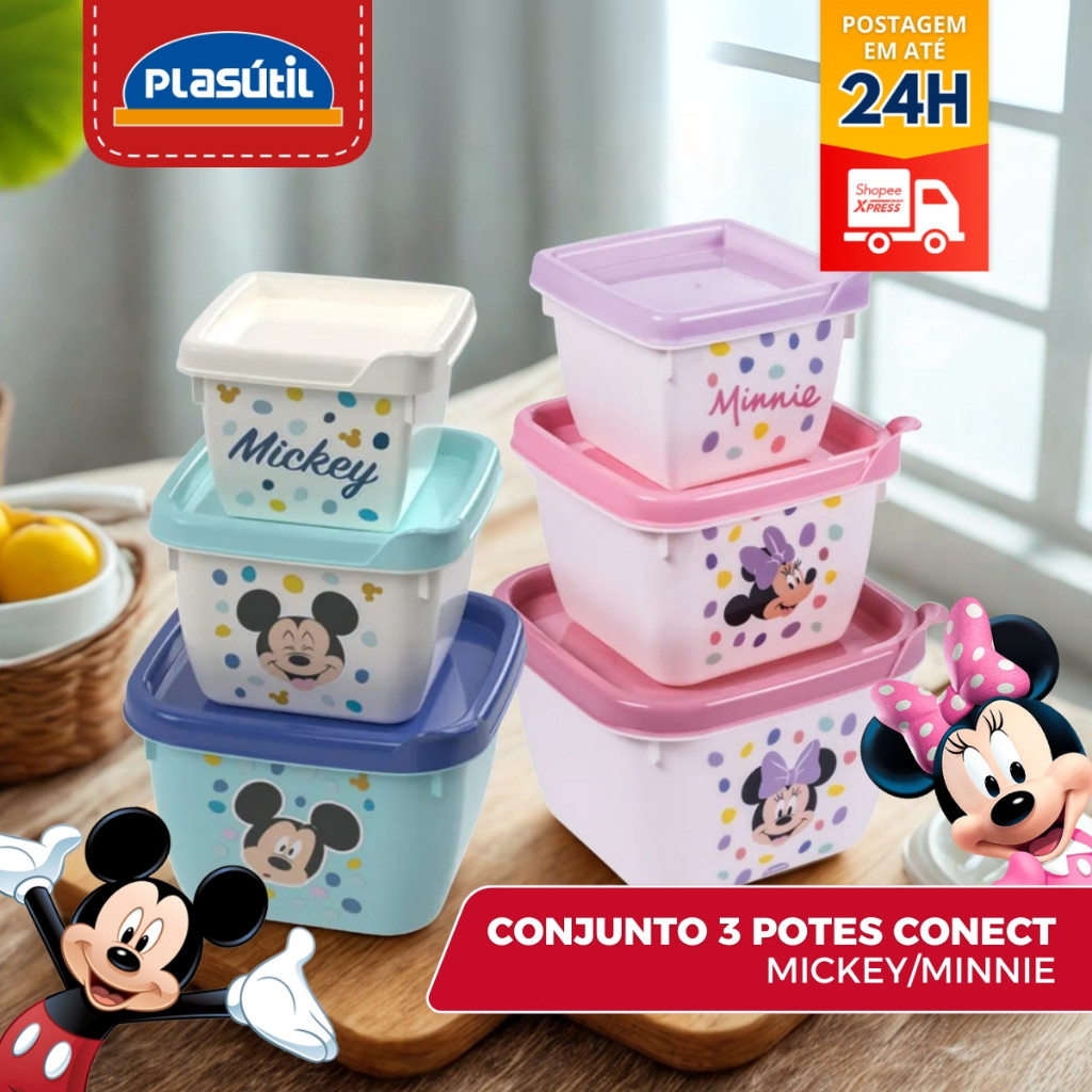 Conjunto Kit 3 Potes C/ Tampa Infantil Marmitas Lanches Disney Potinhos Frutas Lancheira Plasutil