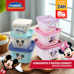 Conjunto Kit 3 Potes C/ Tampa Infantil Marmitas Lanches Disney Potinhos Frutas Lancheira Plasutil