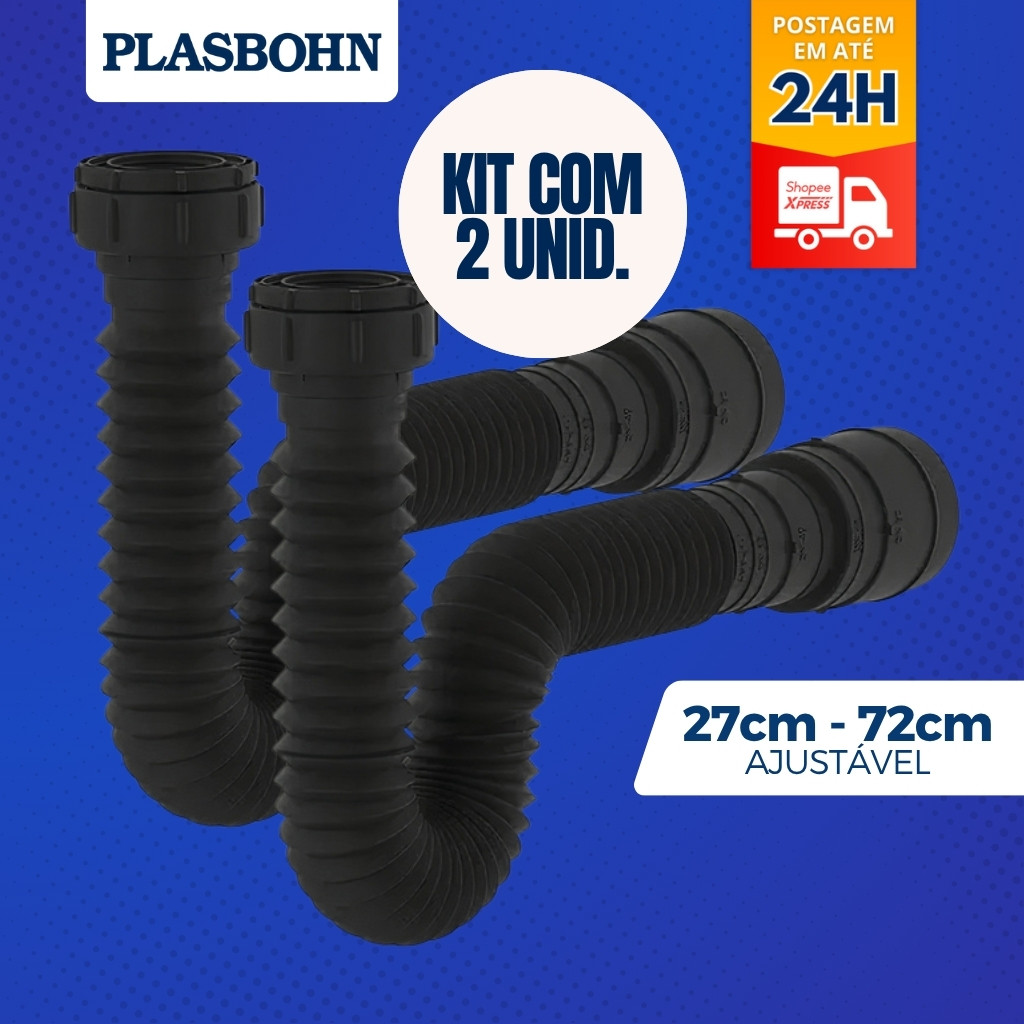 Kit 2 Sifão Sanfonado Extensivo Ajustável Banheiro Pia Tanque Preto Universal Pvc Cuba