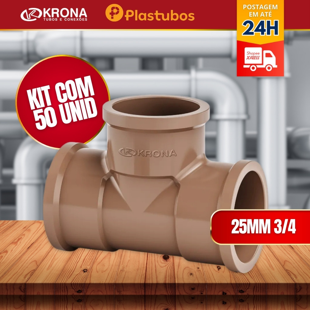 kit 50 unidades Te soldavel 3/4 25mm em PVC Krona/PLASTUBOS