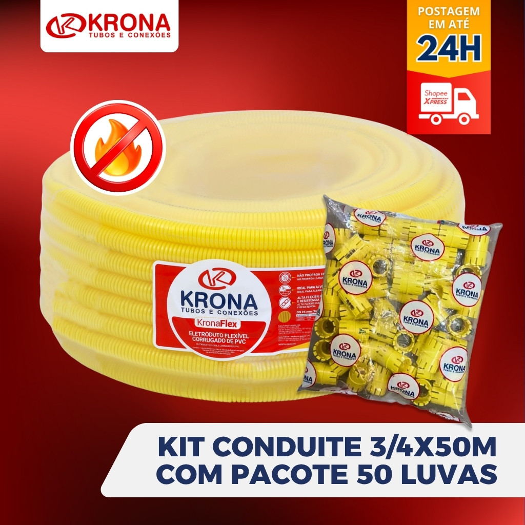 Kit Conduite 3/4 X 50m Eletroduto Krona Mais Luva P/conduite Pvc Krona Amarela 3/4 C/50unid