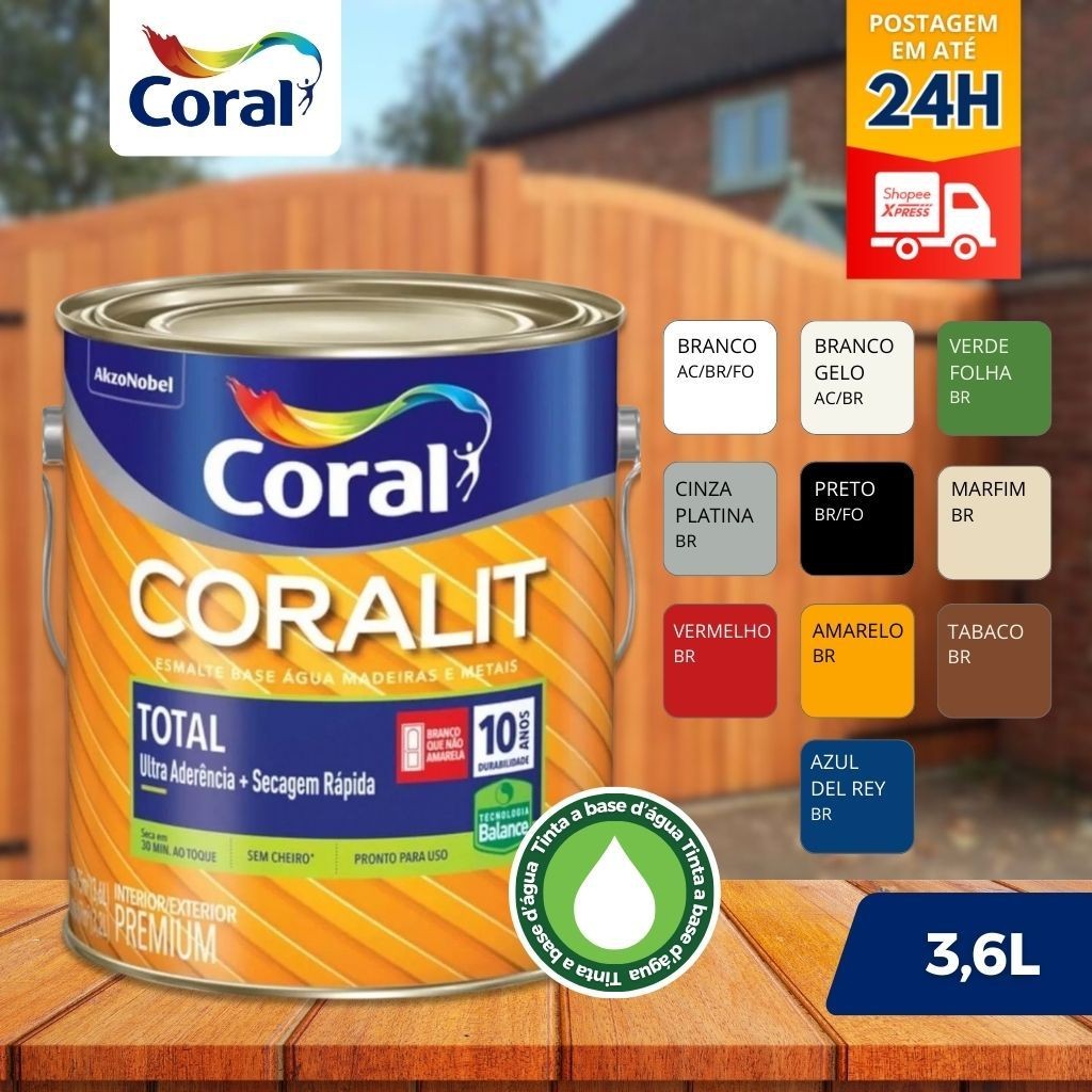 Tinta Esmalte Sintético Coralit Total Balance Premium Base Água 3,6L Exterior e Interior Coral