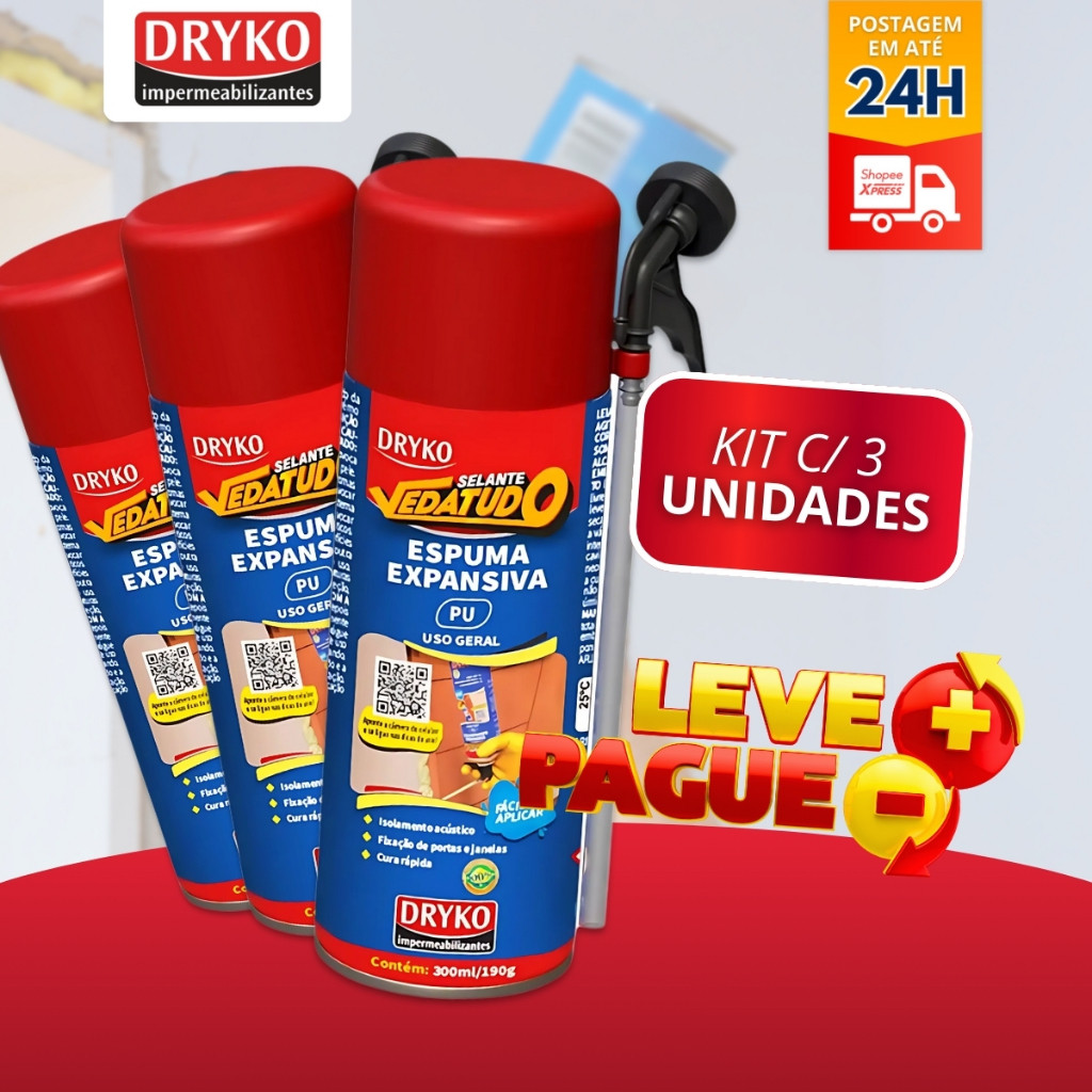 Kit Com 3 Espuma Expansiva Selante Vedatudo Dryko 300ml