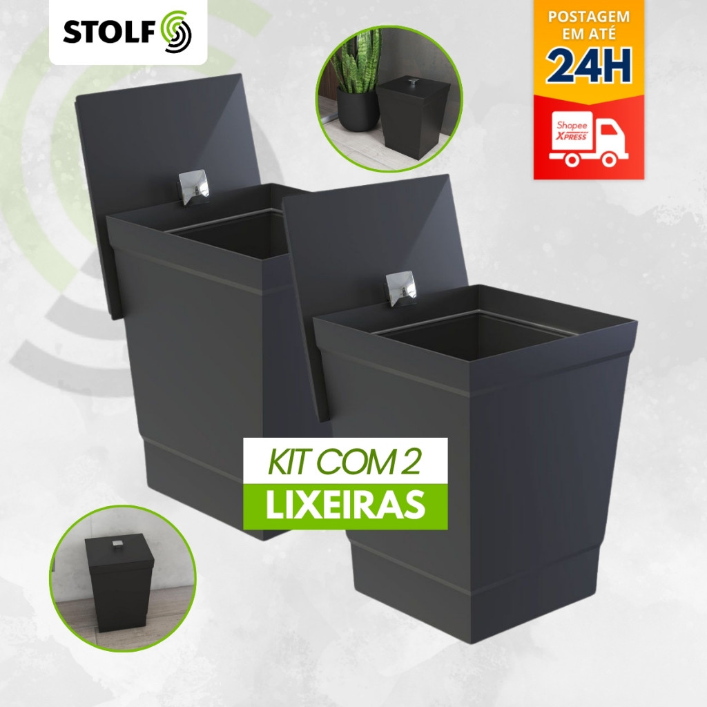 Kit 2 Lixeira 6,5L de Banheiro Cozinha Cesto Casa Decoração Preta Premium - Stolf