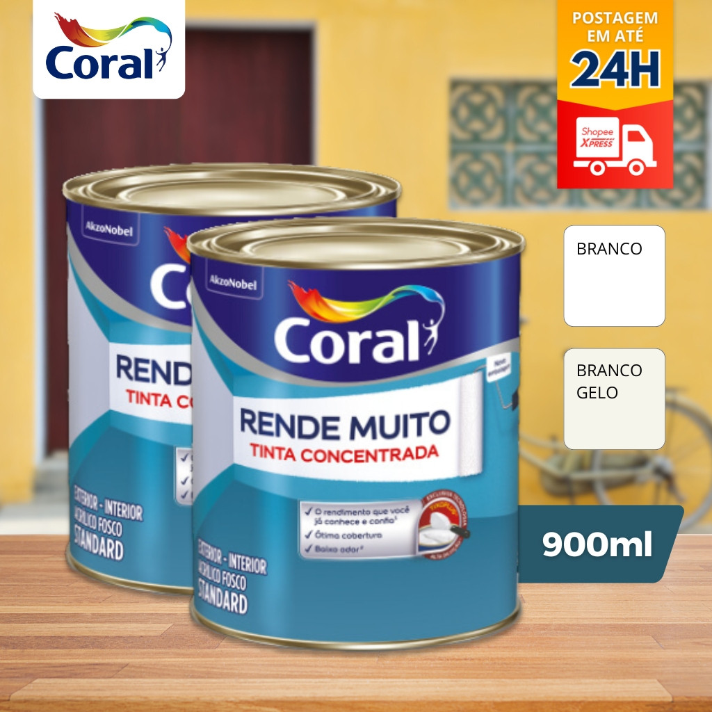 Kit 2 Tinta Parede Coral Rende Muito 800ml Branco Neve Branco Gelo Fosca Acrílica Interior Exterior