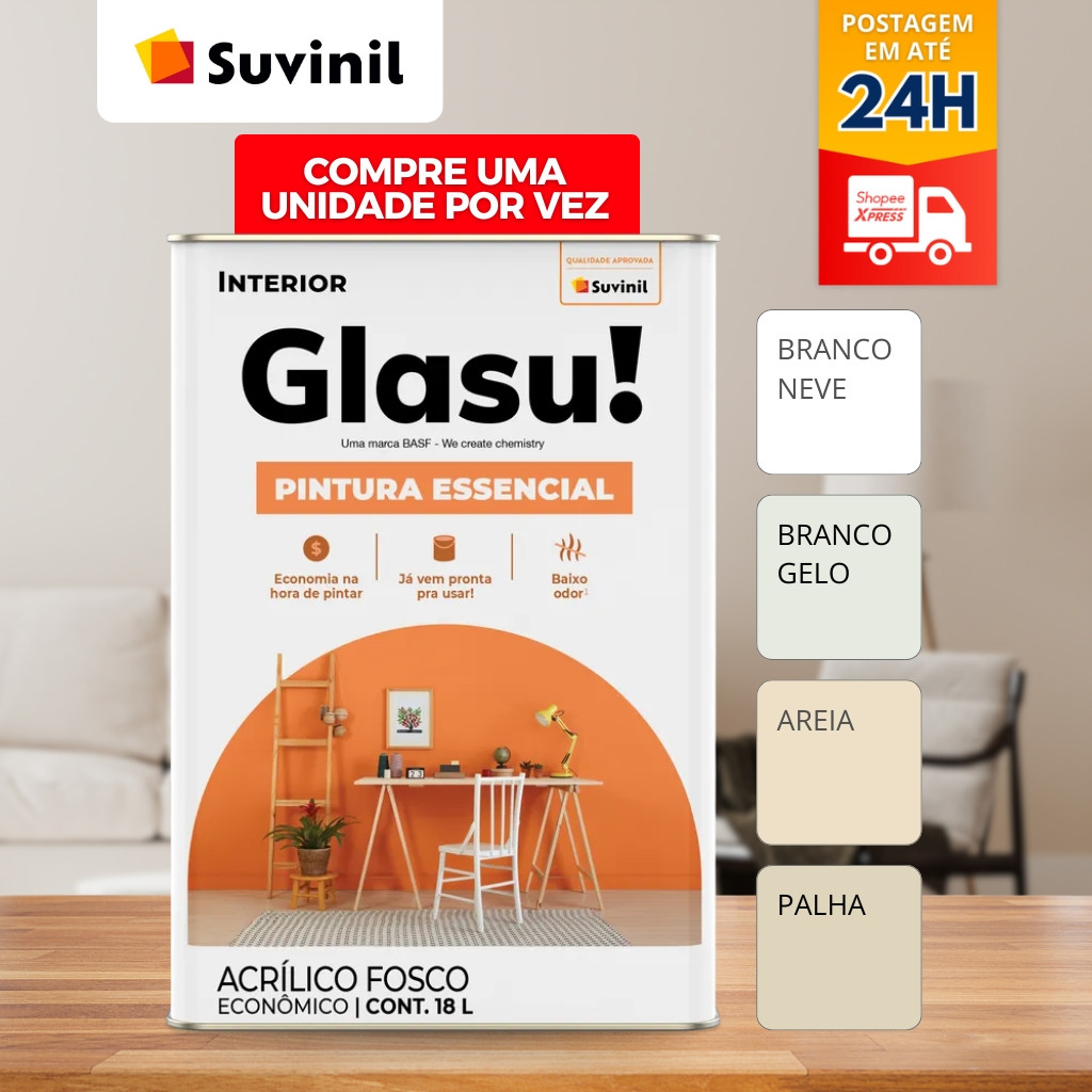 Tinta Acrílica Glasu Essencial 18 Litros Suvinil Cores em Oferta na Shopee