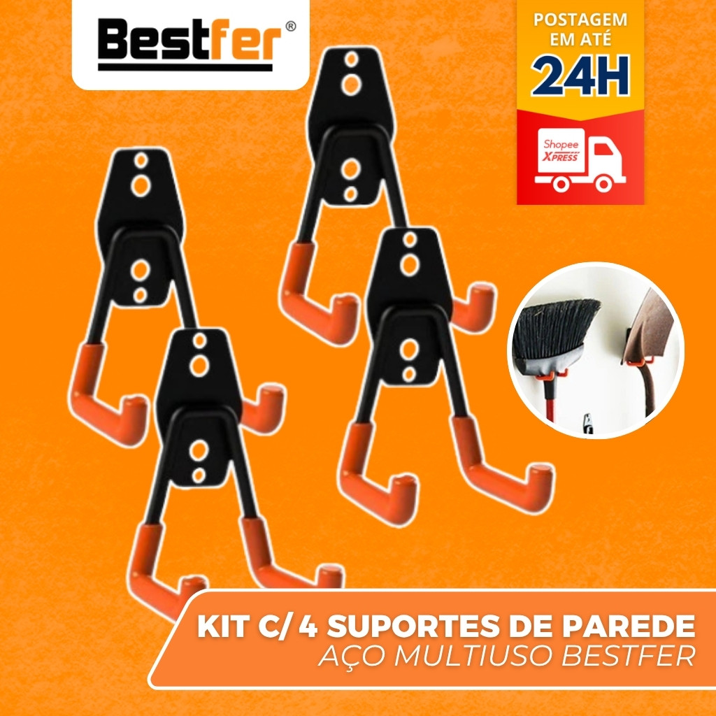 4 Suporte De Parede Aço Multiuso 23kg Mangueira Escada Cor Preto + Parafuso e bu