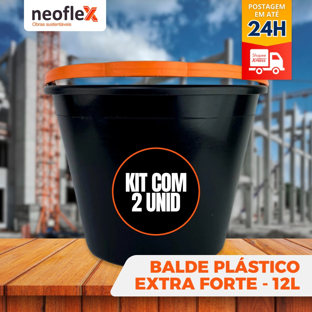 Kit 2 Balde Plástico EXTRA FORTE 12 Litros Alça Resistente e Reforçada obras Limpeza Reforma