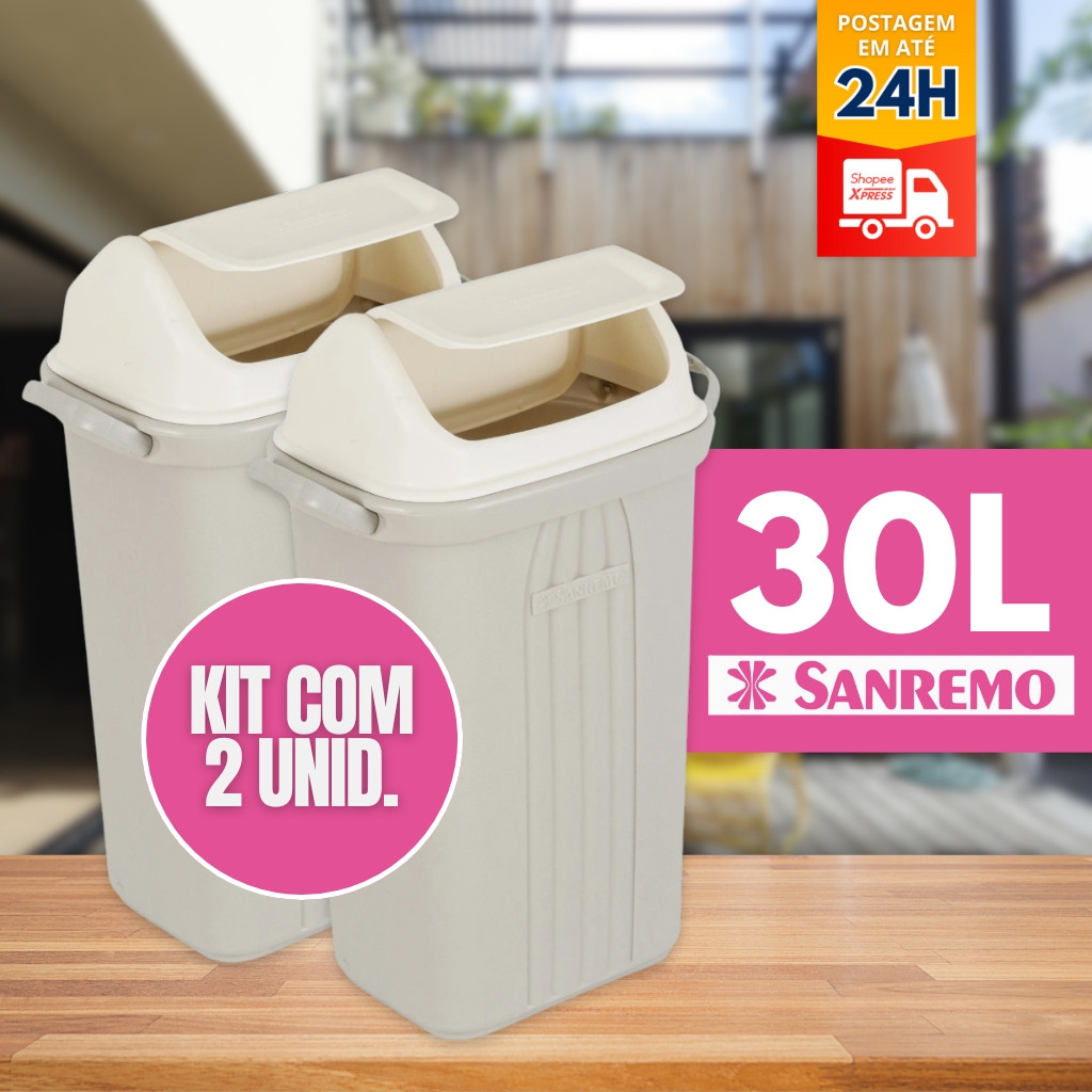 Kit 2 Lixeira Plástica Resistente Basculante Com Tampa Sanremo 30 Litros