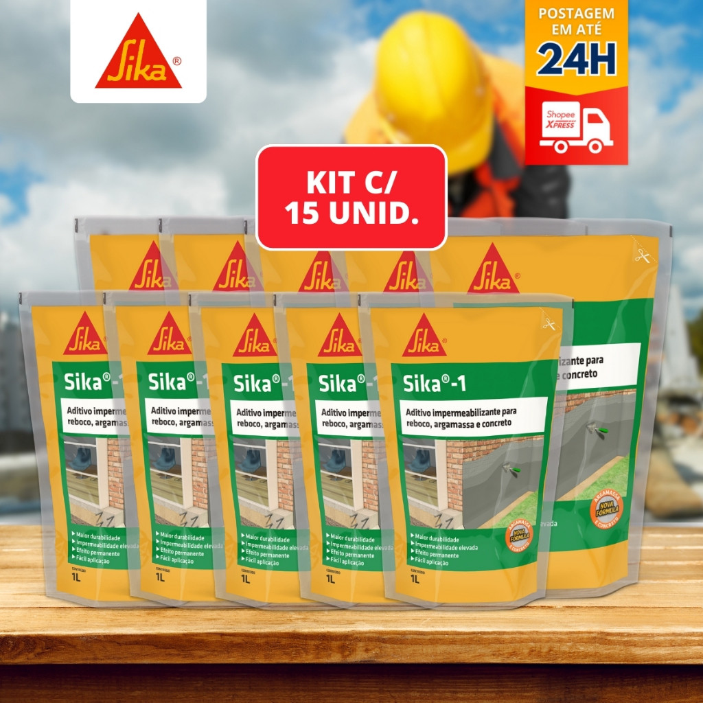kit c/ 15UNID Aditivo Sika 1 1litro Impermeabilizante para cimento argamassa concreto