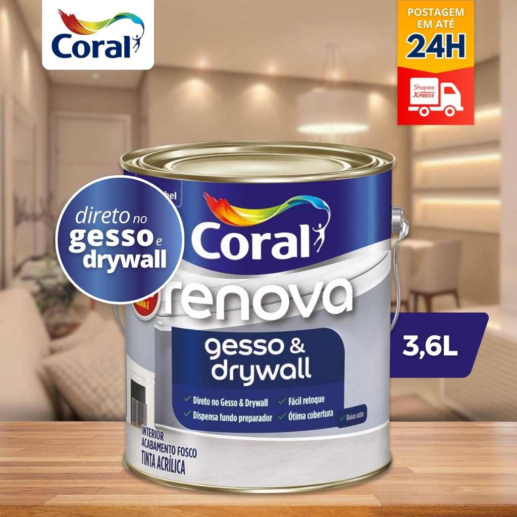 Tinta Para Gesso e Drywall Coral 3,6l Branca Parede Tetos e Gesso 3d Selador Gesso Direto no Gesso