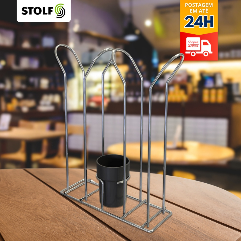 Suporte Para Copos Descartáveis 80/200ml com Porta Colherzinha Aço Cromado