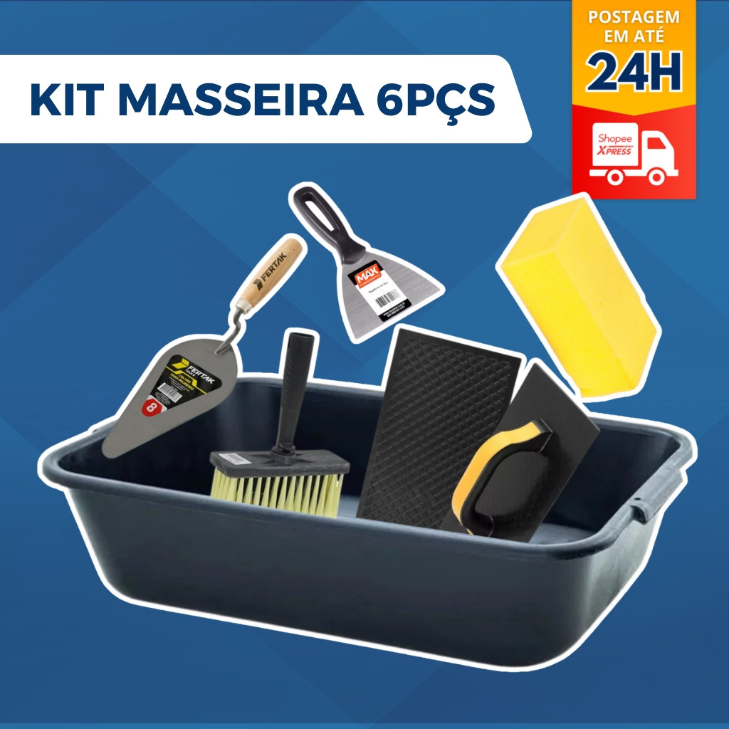Kit Caixa de Massa Masseira 22L + Colher de Pedreiro Espatula Desempenadeira Broxa Bloco Espuma em Oferta na Shopee