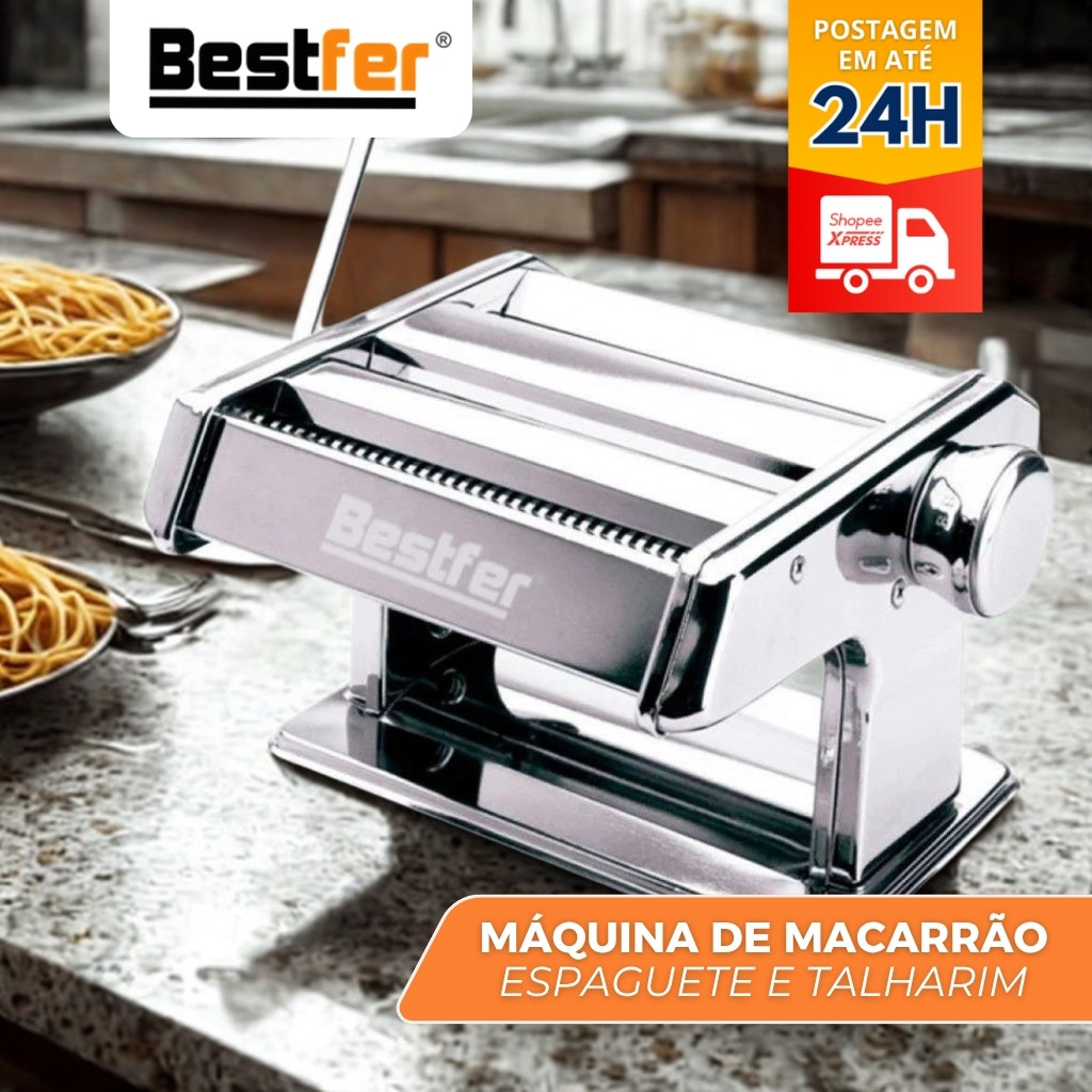 Máquina de Macarrão Massa Caseira e Pastel Profissional Inox c/ Manivela 3 Tipos Bestfer BFH1679