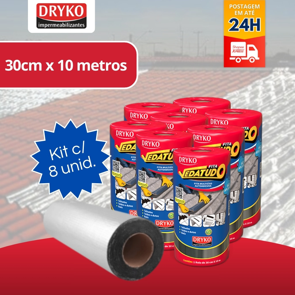 Manta Asfaltica Fita Vedatudo Autoadesiva Impermeabilizadora Aluminizada 30cm x 10m Kit 8
