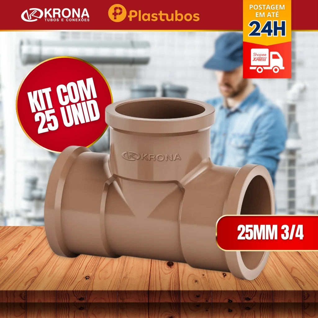Kit Te 25 unidades 25mm 3/4 soldável em PVC Krona em Oferta na Shopee