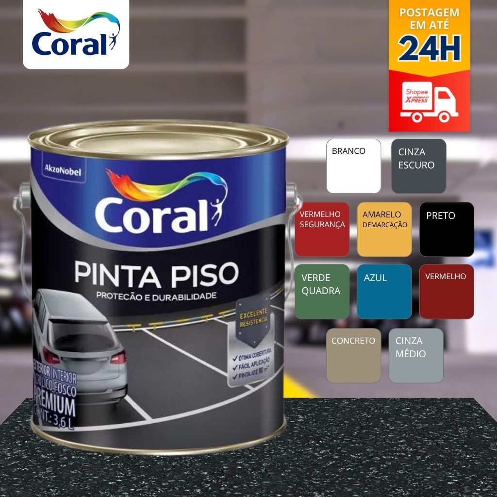 Tinta Piso Coral 3,6L Cores para Áreas Externas, Concretos, Garagens, Calçadas E Varandas