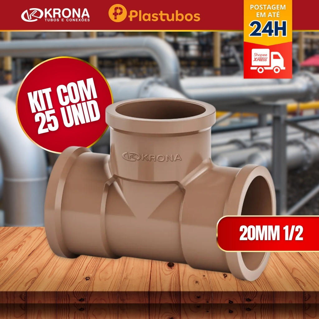 Kit 25 unidades te soldável 1/2 20mm em PVC Krona/Plastubos